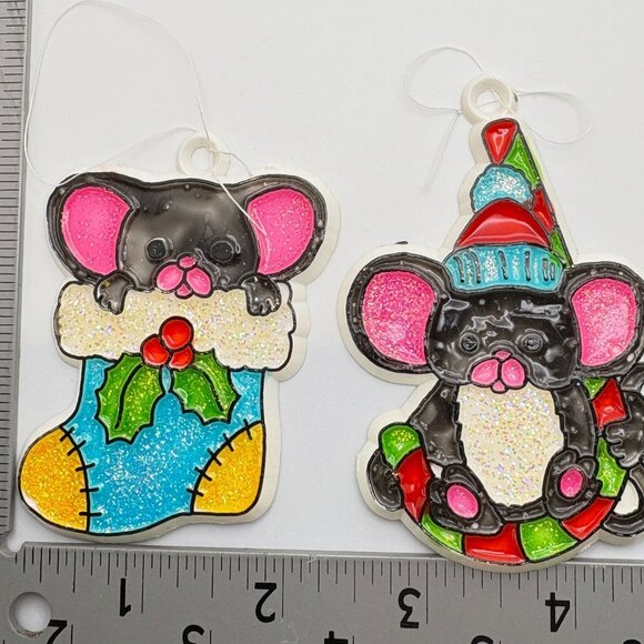 Cute Mouse Christmas Tree Ornaments Set Of 2 - Stocking & Candy Cane Designs - Picture 3 of 7